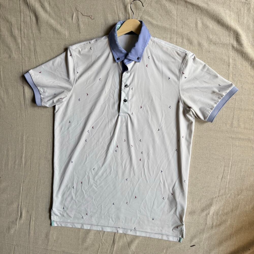 Greyson Shirt Men's M Performance Polo Skier Print Wolf Logo Stretch White Read